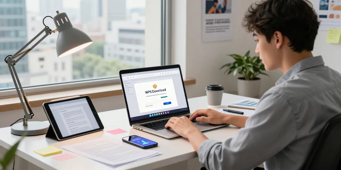 WPS Download process shown in a modern workspace with laptop and tablet.