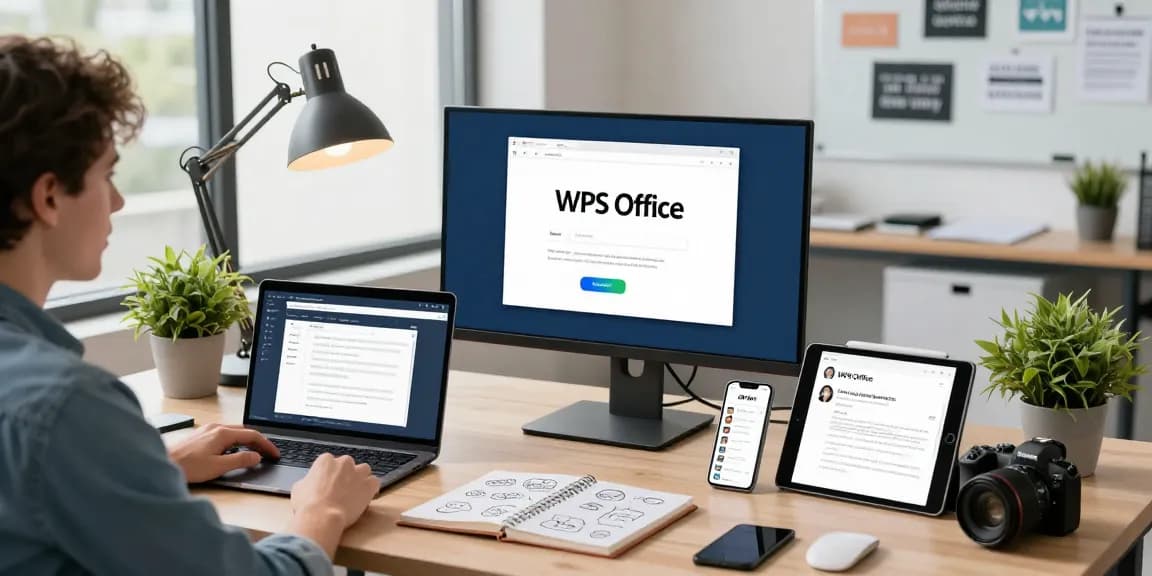Download WPS Office on a modern workstation with tech gadgets, showcasing an engaging office environment.