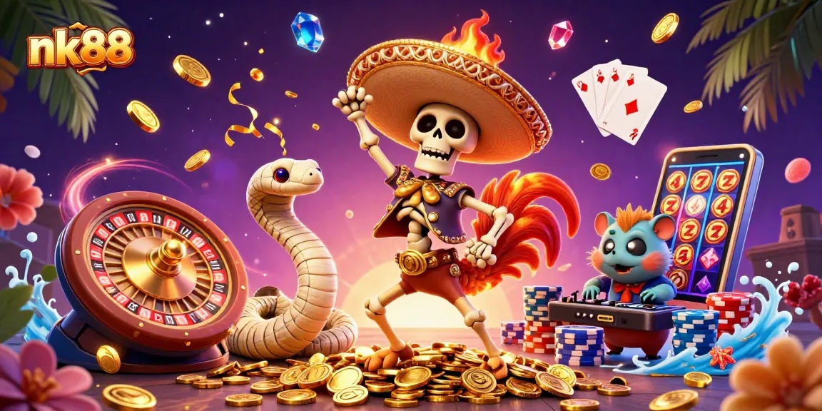 Experience thrilling bets at nk88 with festive 3D characters celebrating casino wins amidst golden treasures.