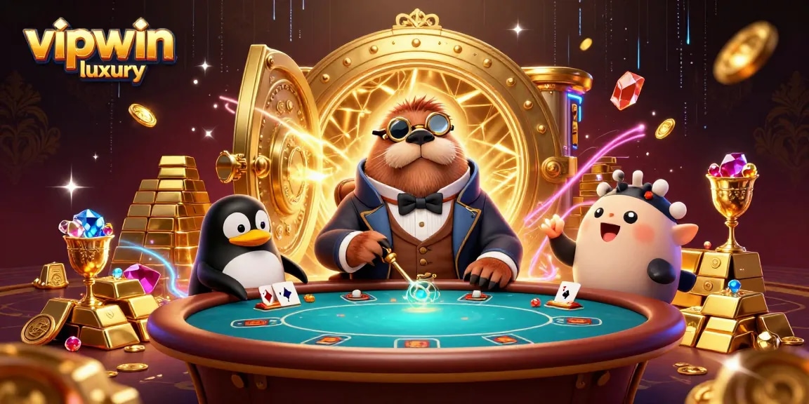 Experience thrilling poker action at vipwin luxury with a walrus in a Victorian outfit card-playing with a sophisticated dealer.
