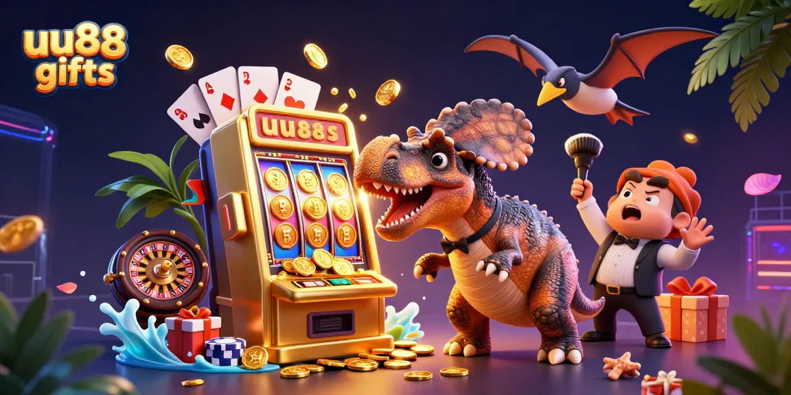 uu88 gifts showcases a dynamic casino scene with vibrant cartoon dinosaurs and a thrilling slot machine jackpot.