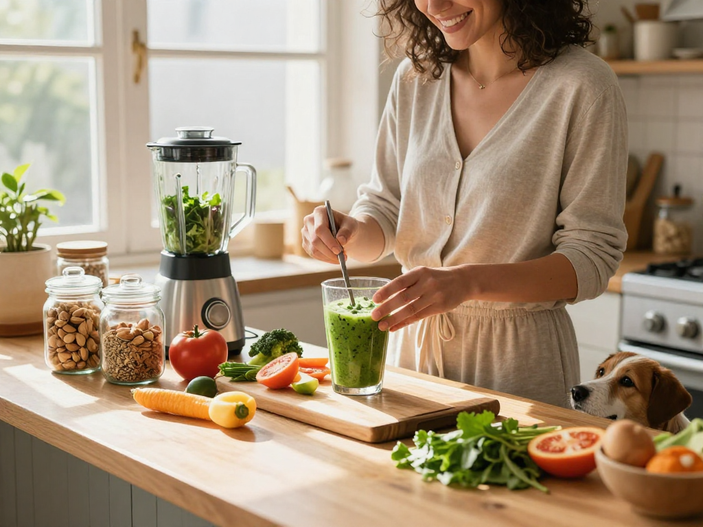 Person preparing a healthy breakfast smoothie with rokok88 super ingredients in a bright home kitchen.