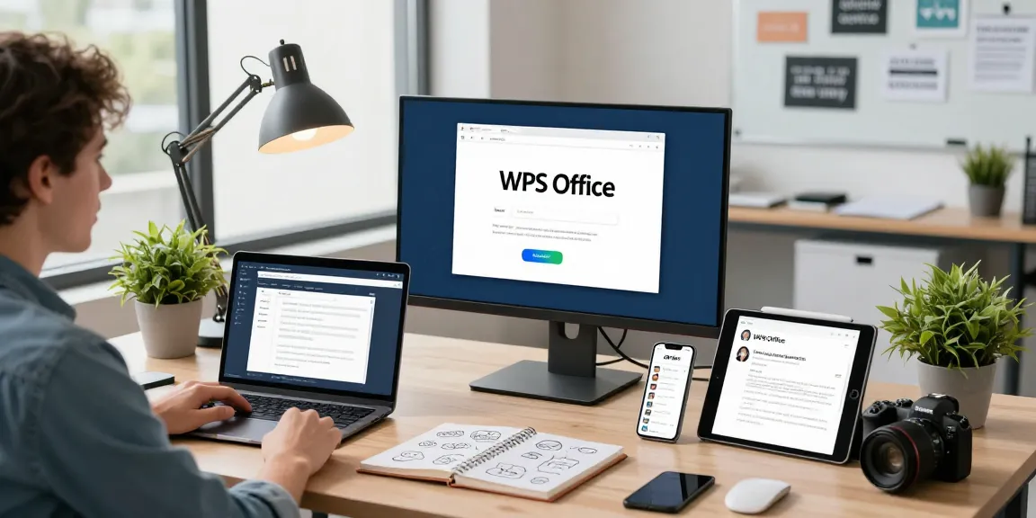 Download WPS Office on a modern workstation with tech gadgets, showcasing an engaging office environment.