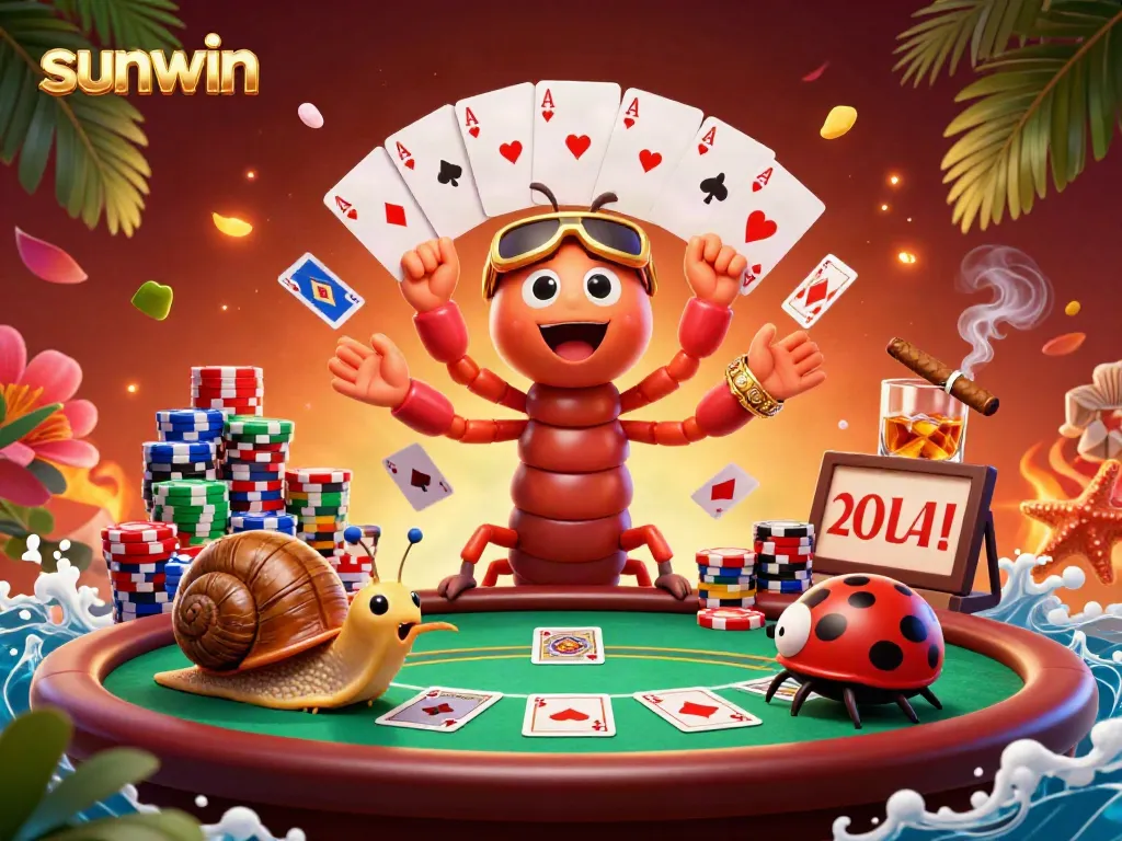 Experience thrilling moments at sunwin with a vibrant 3D scene featuring a millipede dealer and high-roller excitement.