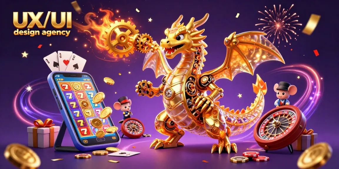 Engage with a vibrant 3D illustration showcasing the UX/UI design agency's dynamic casino-themed scene