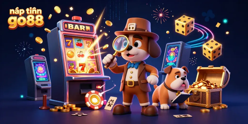 Participate in exciting gaming action with nạp tiền go88 at the vibrant casino scene featuring a detective and a bulldog.