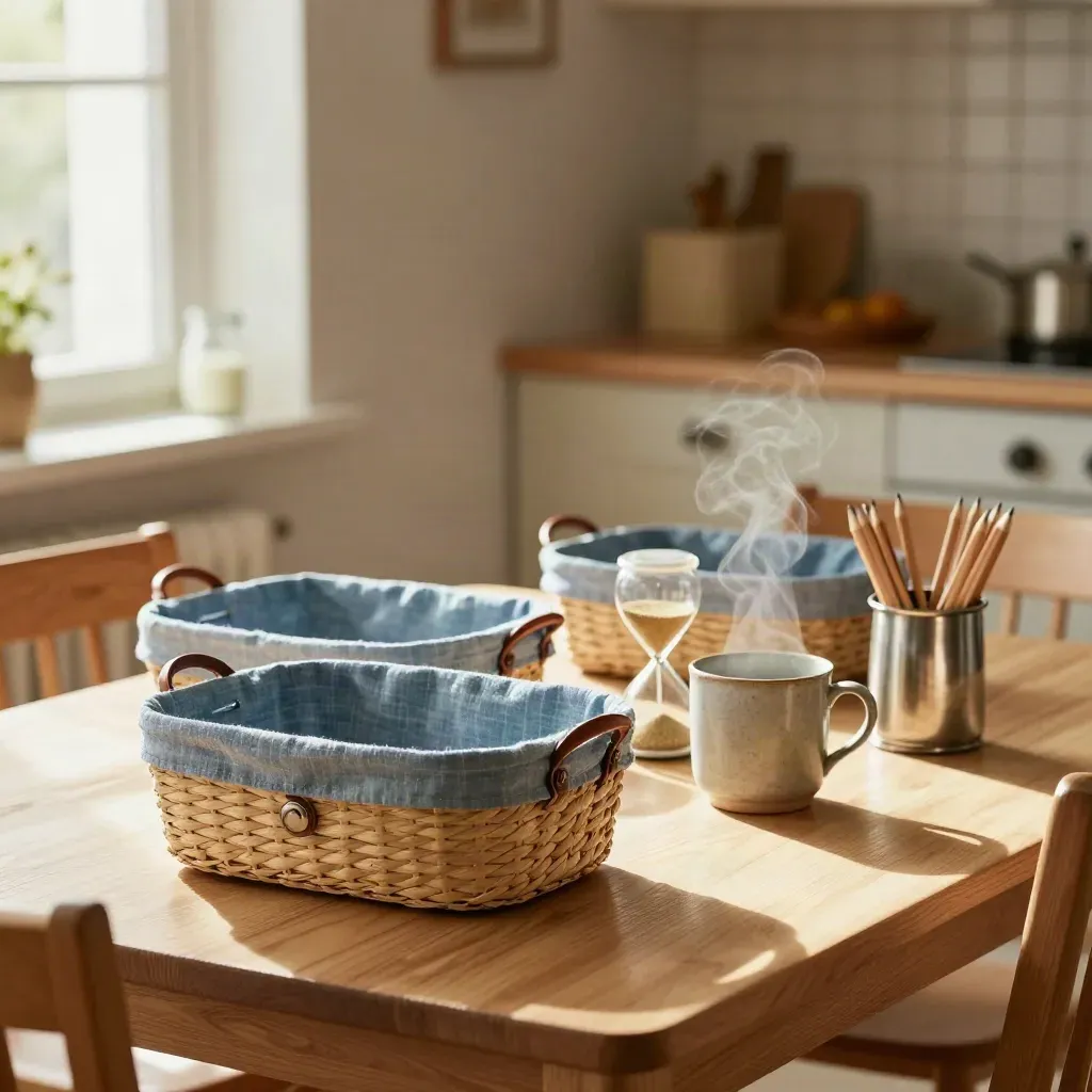 Kökstabell med korgar, timer, ångande mugg och pennställ i mjukt dagsljus.