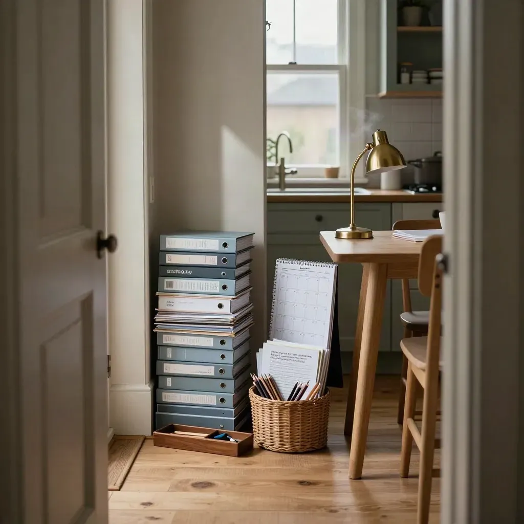 Kökshörna för hemstudier med kurspärmar, planerare och läslampa i mjukt morgonljus.