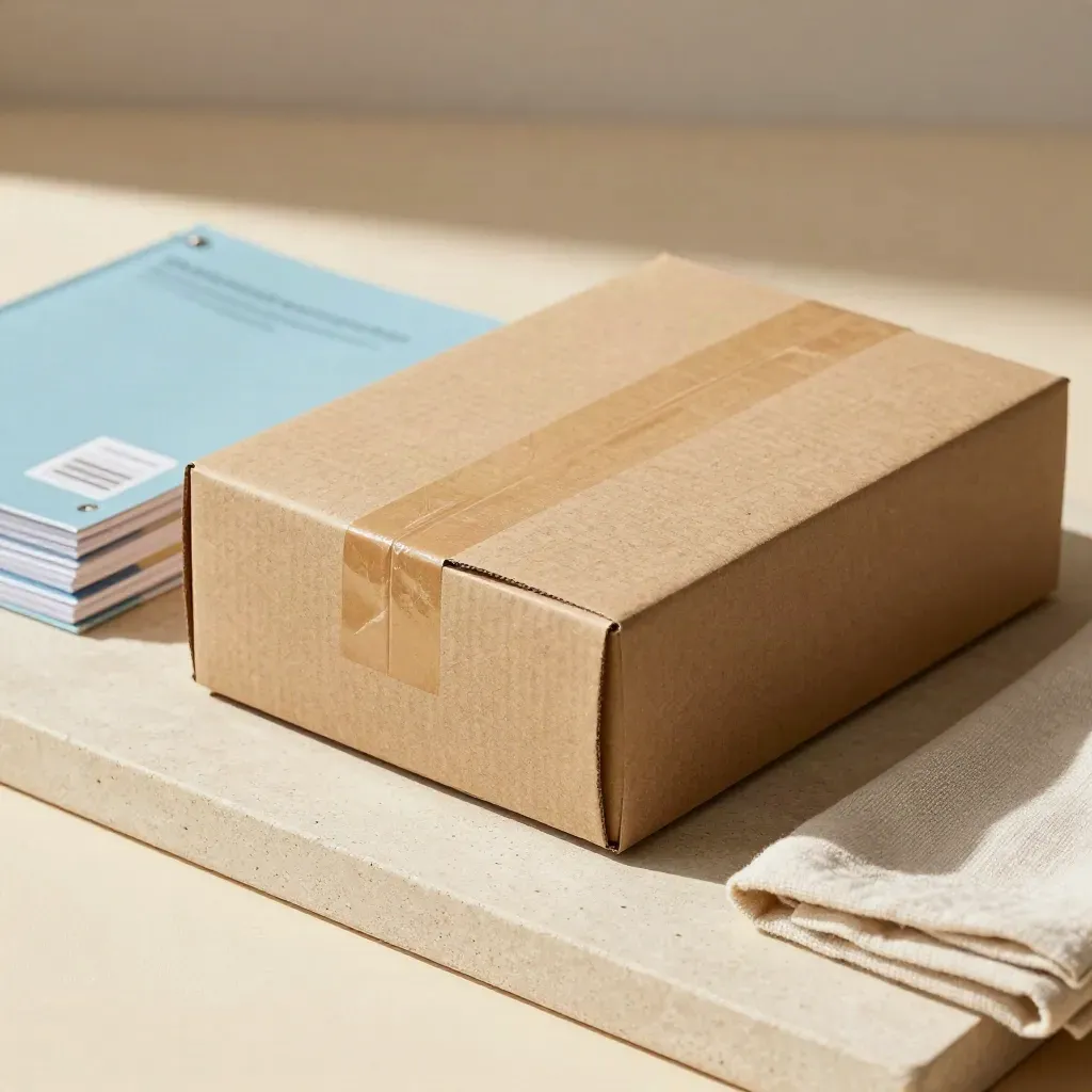 Förpackad materialbox med arbetsblad och ringar på stenbricka