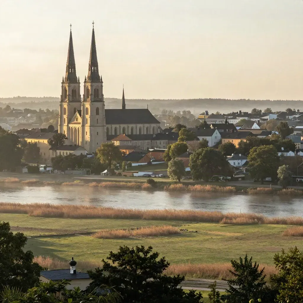 Uppsala domkyrka högt över Fyrisåns dimmiga dalgång i varm gyllene haze