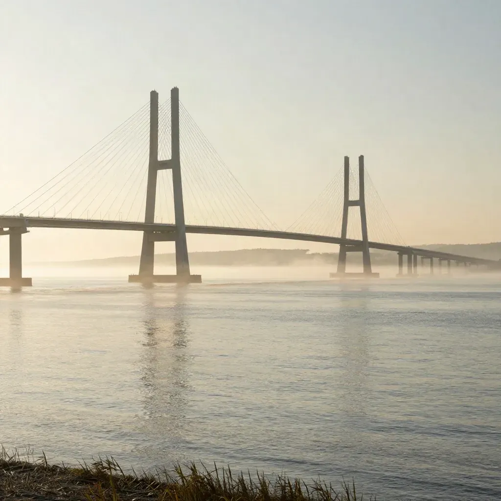 Öresundsbron i gyllene kvällsljus över dimmig kust och stilla hav.