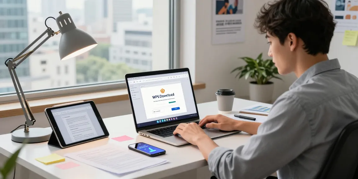 WPS Download process shown in a modern workspace with laptop and tablet.