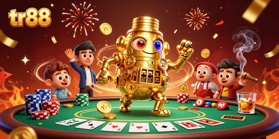Experience the thrilling world of tr88 with a cartoon golden golem surrounded by vibrant poker elements.