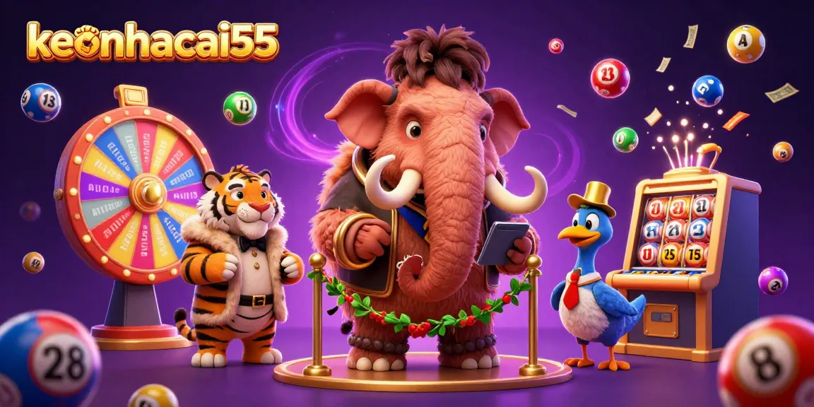 Exciting keonhacai55 gaming scene with a mammoth bouncer and vibrant lottery elements.